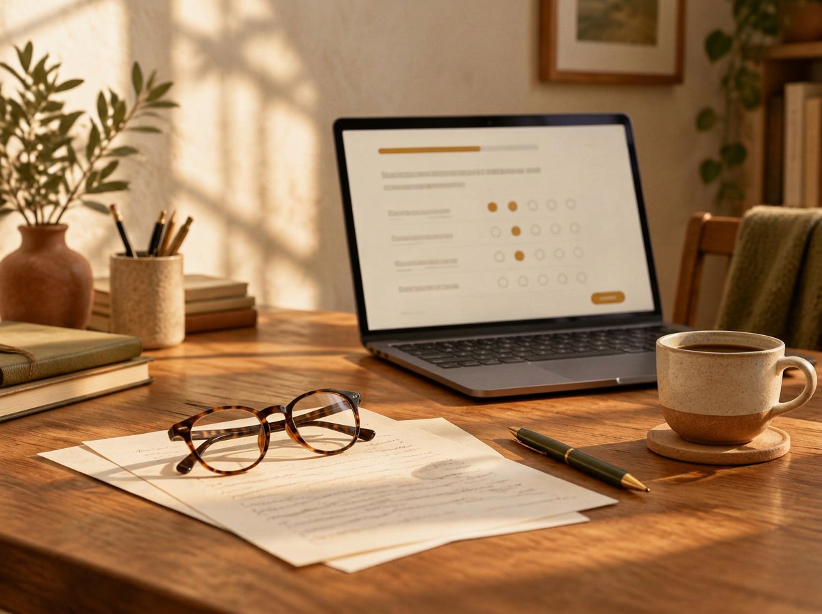 A professional desk with papers, eyeglasses, and an open laptop